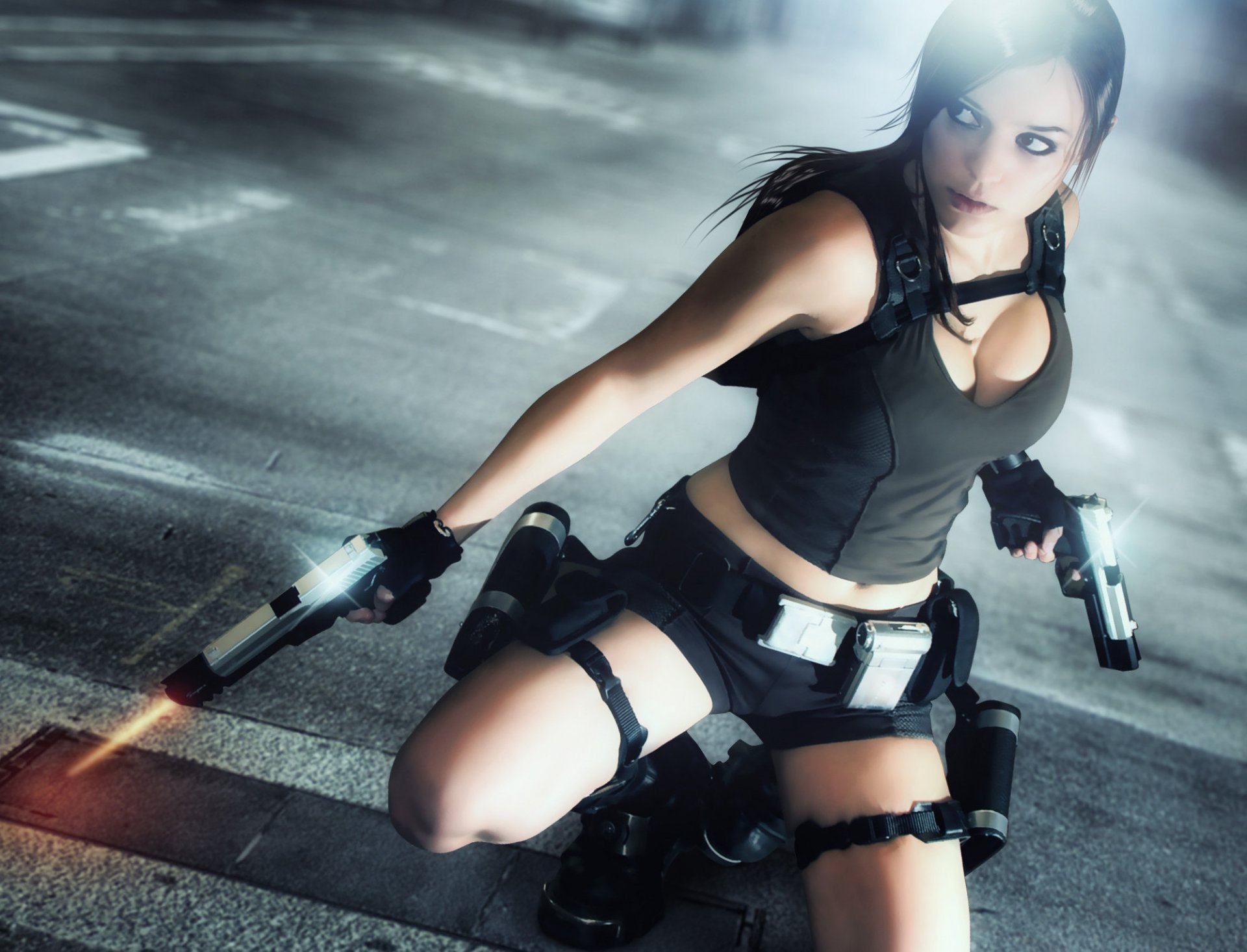 lara croft tomb raider juego chica charlie brusseau armas pistolas camiseta cara cabello mirada mochila