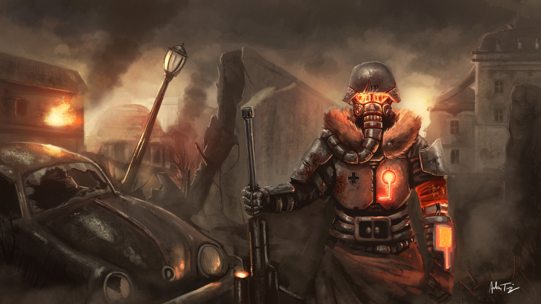 arte fallout berlín soldado metal máscara casco máquina ciudad linterna ruinas cerca fuego arma rifle brazalete sangre escombros alemán