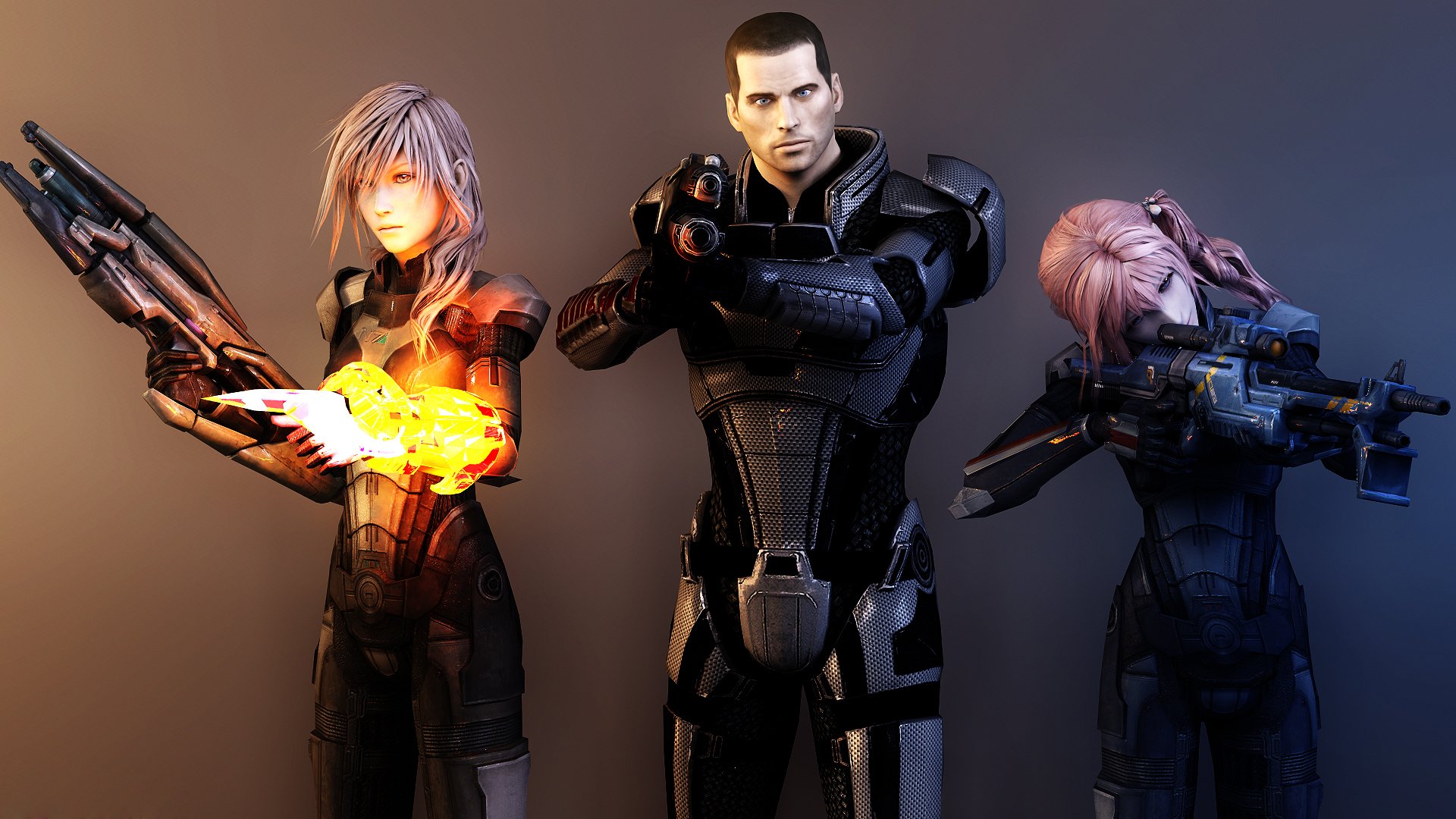 arte final fantasy mass effect chicas relámpagos capitán shepard armas render armadura collage
