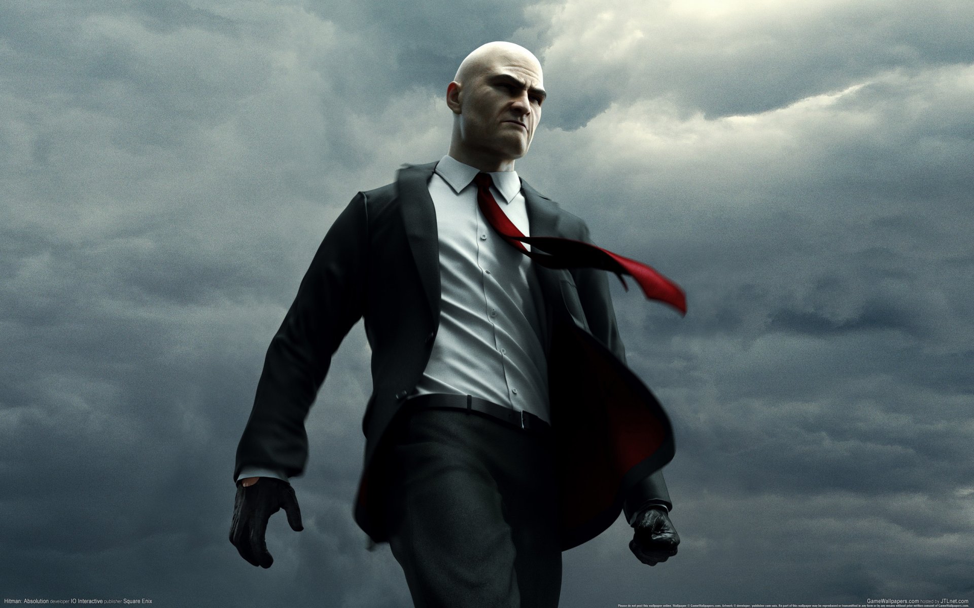 hitman: absolution asesino a sueldo agente 47 cuarenta y siete calvo guantes chaqueta traje corbata nubes gamewallpaper