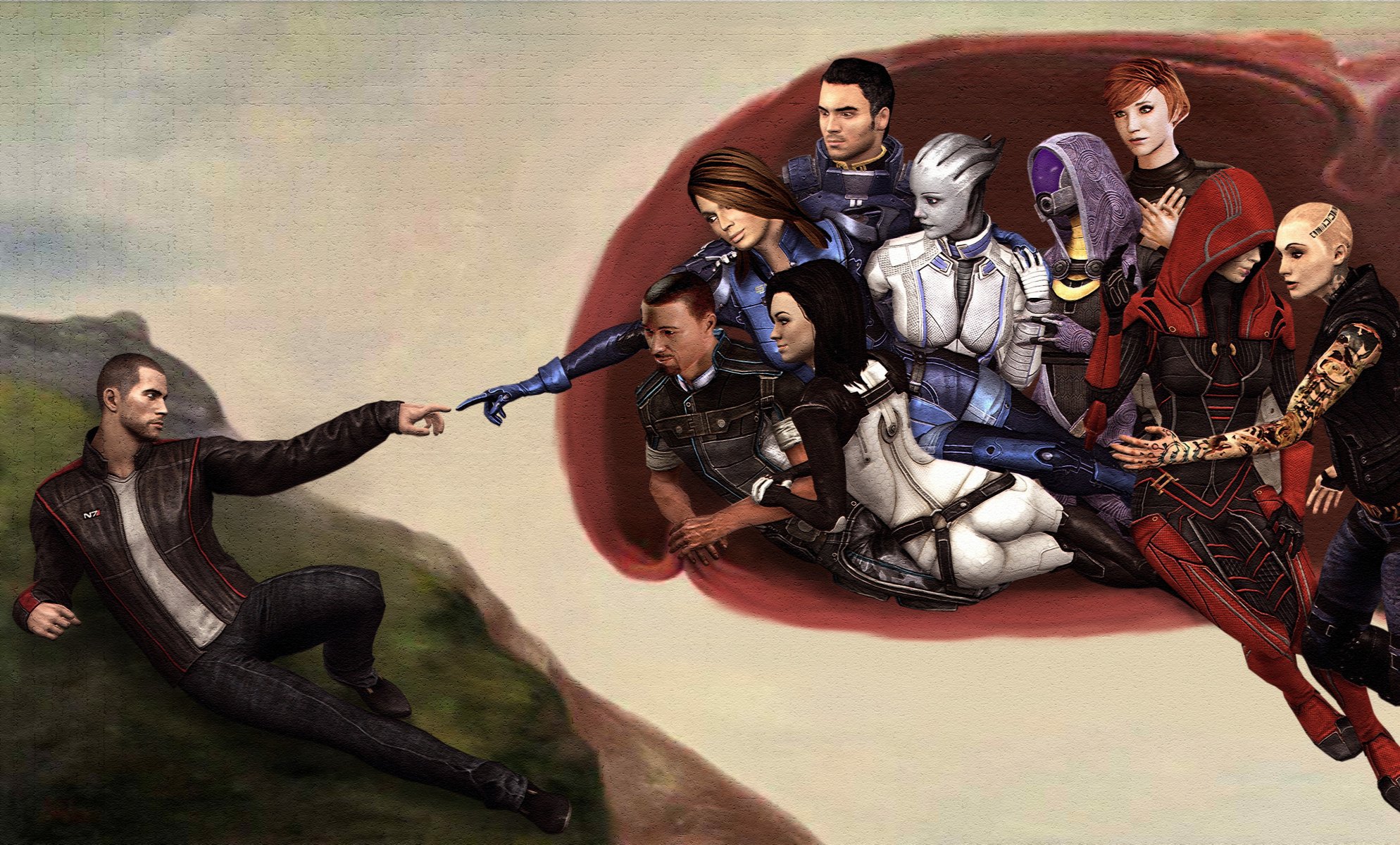arte mass effect fan art shepard equipo mural manos creación de adán nido miranda kelly esteban ashley kayden liara n7 personajes