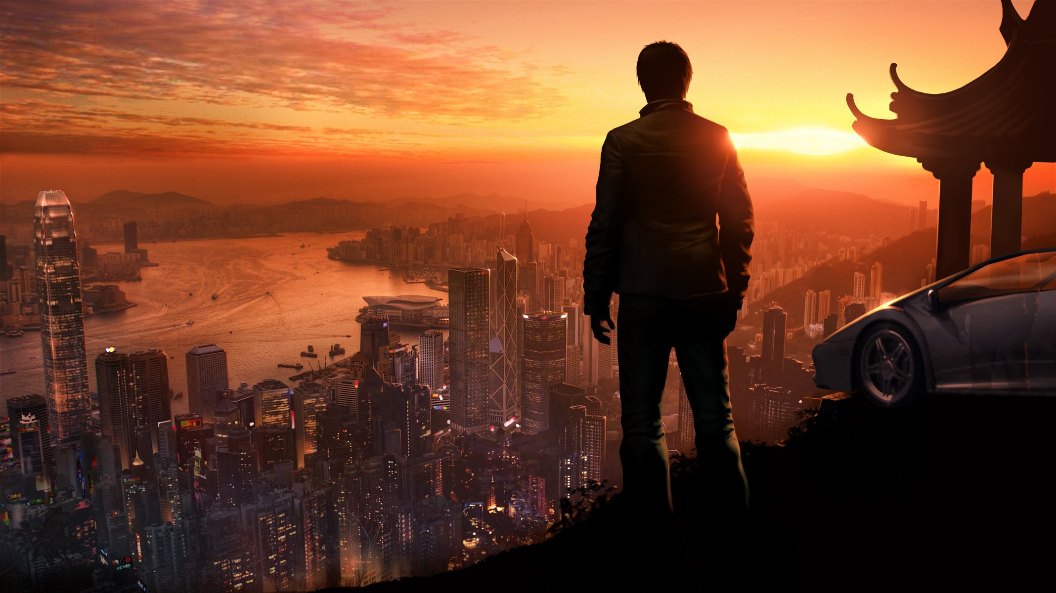 perros para dormir ciudad hombre altura tarde puesta de sol silueta coche río