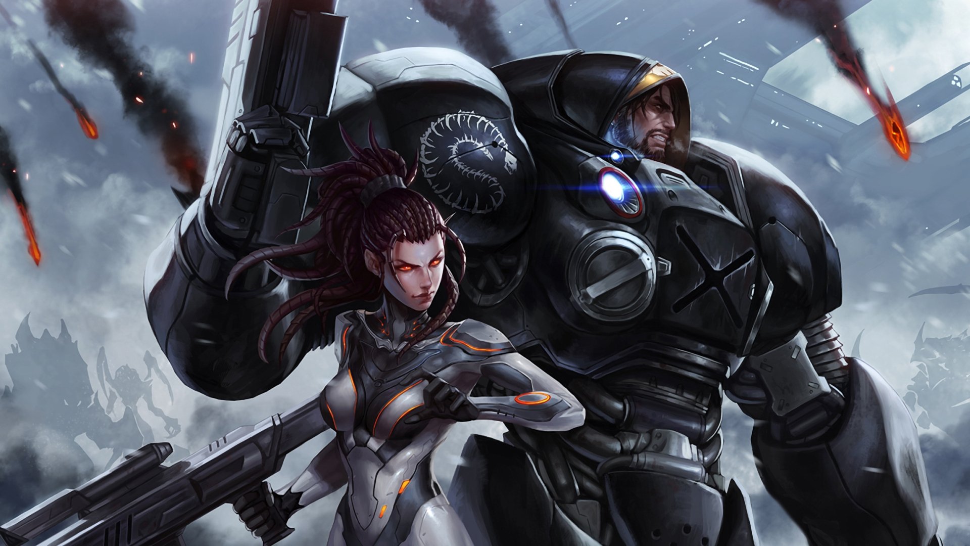 tarcraft sarah kerrigan jim raynor tropas armas armadura humo fuego siluetas