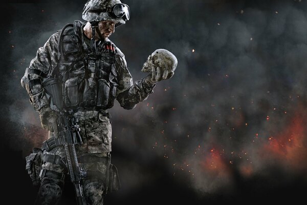 Soldado warface con rifle y cráneo