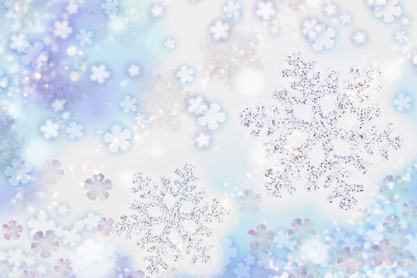 Copos de nieve brillantes sobre fondo azul y blanco