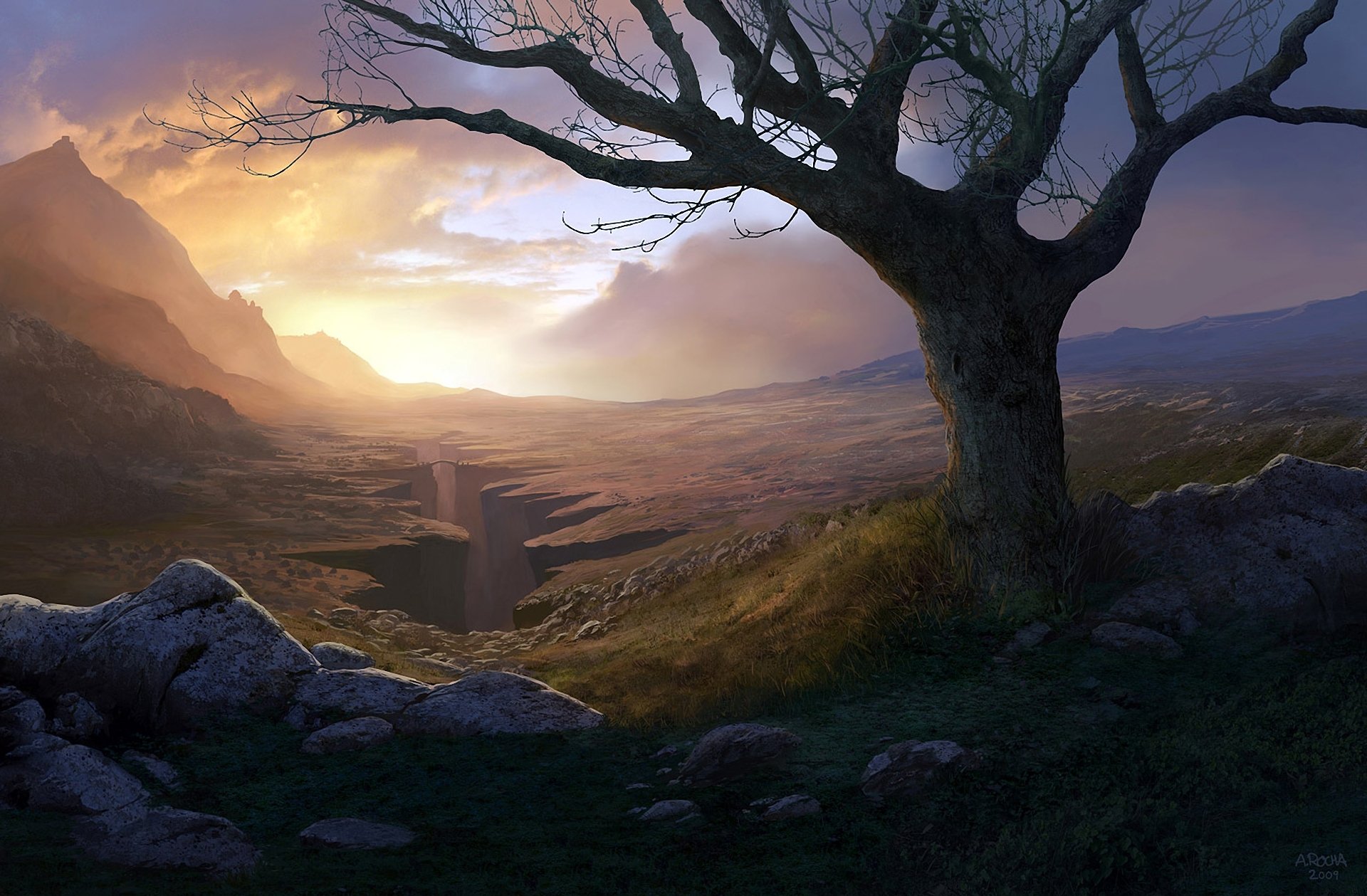 arte andreas rocha árbol cañón garganta rocas piedras montañas puente